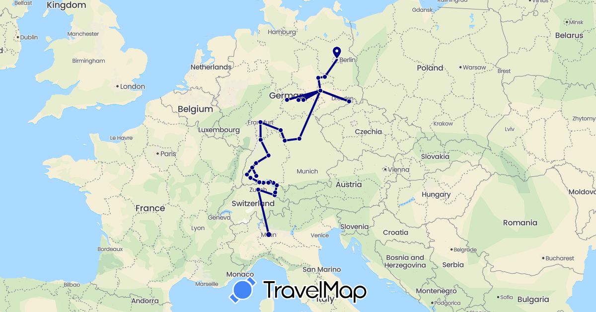 TravelMap itinerary: driving in Austria, Switzerland, Germany, Italy, Liechtenstein (Europe)